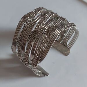 Braided Wires Wide Cuff Bracelet Silver Tone